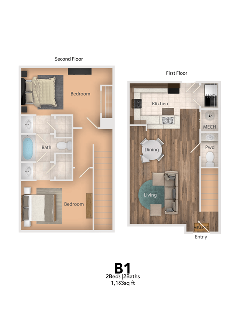 Floor plan for 2 beds, 2 baths, 1183 sqft